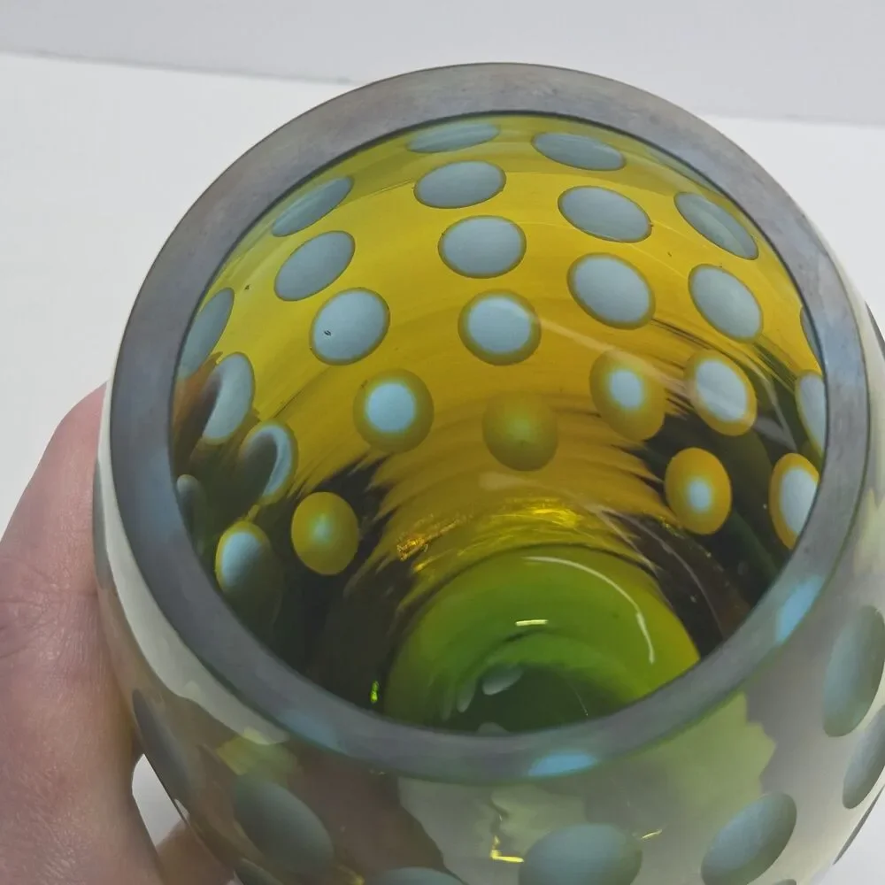 Vintage MCM Abstract Art Glass Vase Green & Amber Frosted Thumbprint - Picture 7 of 11